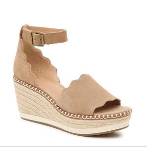 Nude Faux Suede Scalloped Wedge Sandals